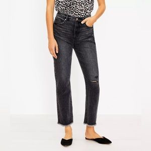 Petite Destructed High Rise Straight Crop Jeans in Washed Black Wash